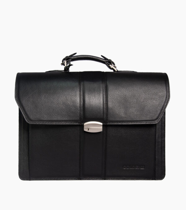 Vue de face du cartable en cuir noir