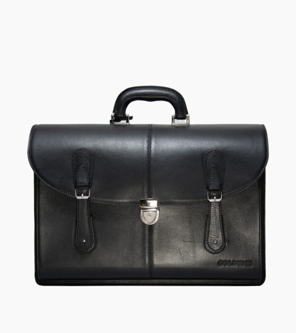 Vue de face du cartable en cuir noir